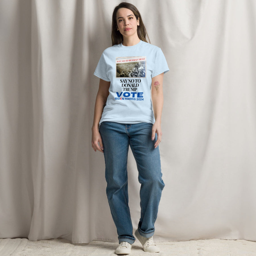 Rally t-shirt in defense of American democracy. Vote Biden-Harris in November 2024. This 100% cotton unisex classic tee has a clean look, sits nicely, maintains sharp lines around the edges, and goes perfectly with layered streetwear outfits. Raise your voice now!